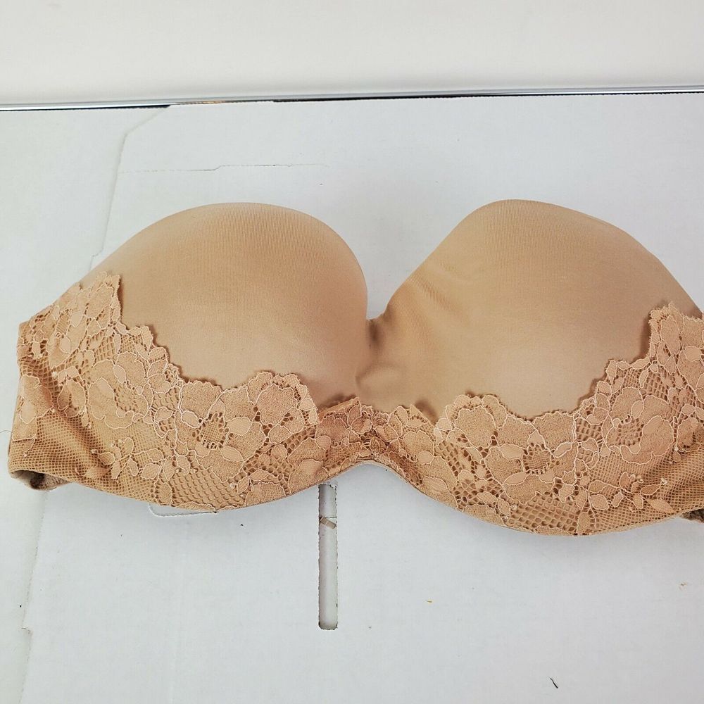 Victoria‎ Secret Padded Strapless Bra 34D Nude Lace Trim GUC